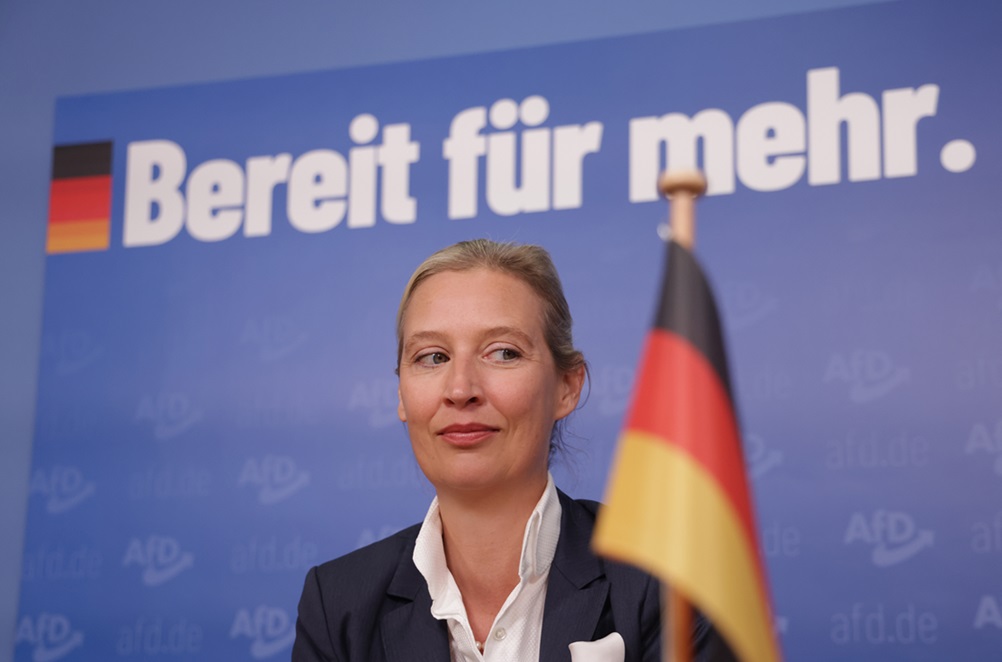 AfD-politicus Alice Weidel op een persconferentie in Berlijn, 9 oktober 2023.