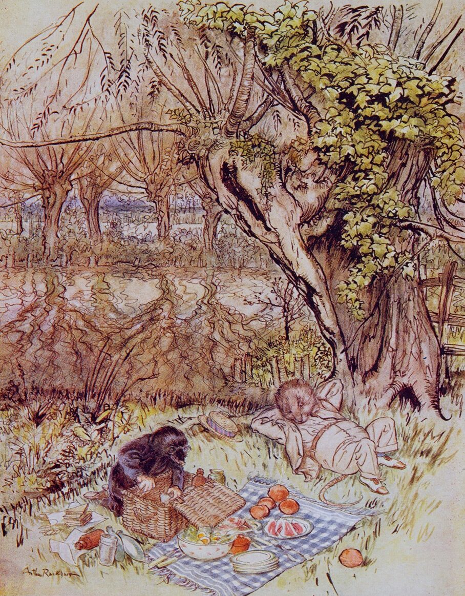 Mol en Rat picknicken in de natuur. Illustratie door Arthur Rackham, 1940.